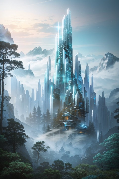 A crystalline cityscape emerging from the misty embrace of an ancient forest. AI Image