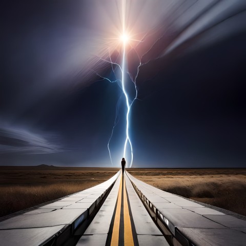 A man walking alone towards the lightning strike (Ai generated Image)