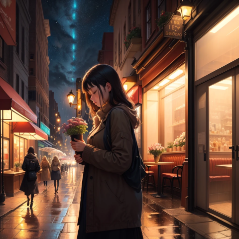 A Woman Walking Down The Street Holding A Flower. (Artificial Intelligence)