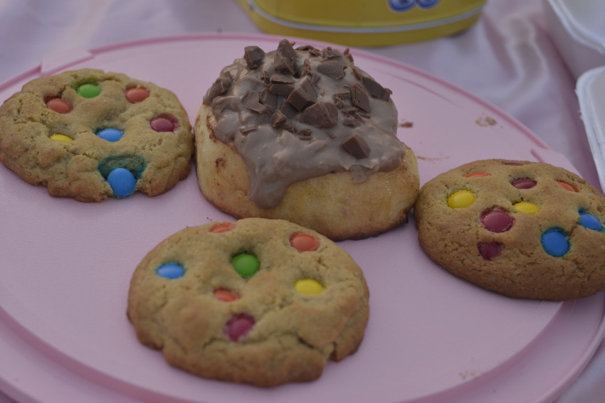 Bicuits or cookies with candies and chocolate on the top