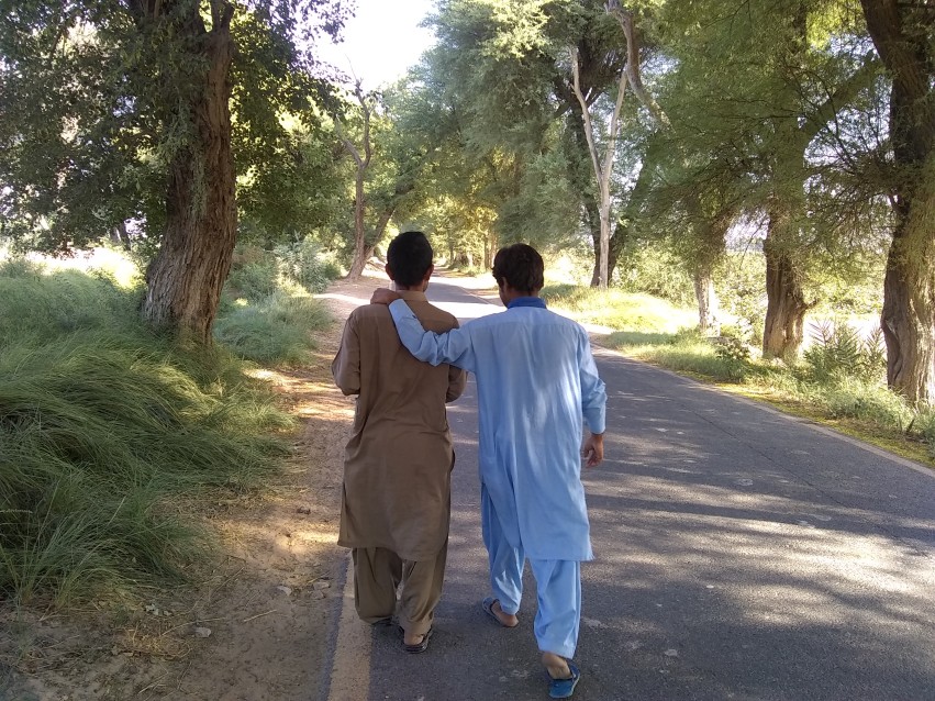 Boys are walking on village Sansan road in Punjab, Back view