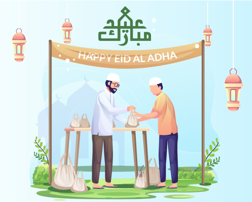 Eid Al-Adha with lamps and two male cartoon characters.