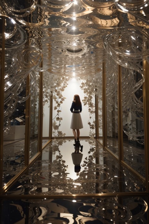 Infinite reflections within a mirror with back view of girl, image by Ai
