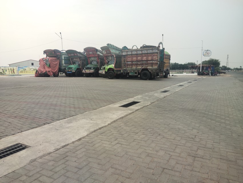Pakistani trucks parked at a petrol pump