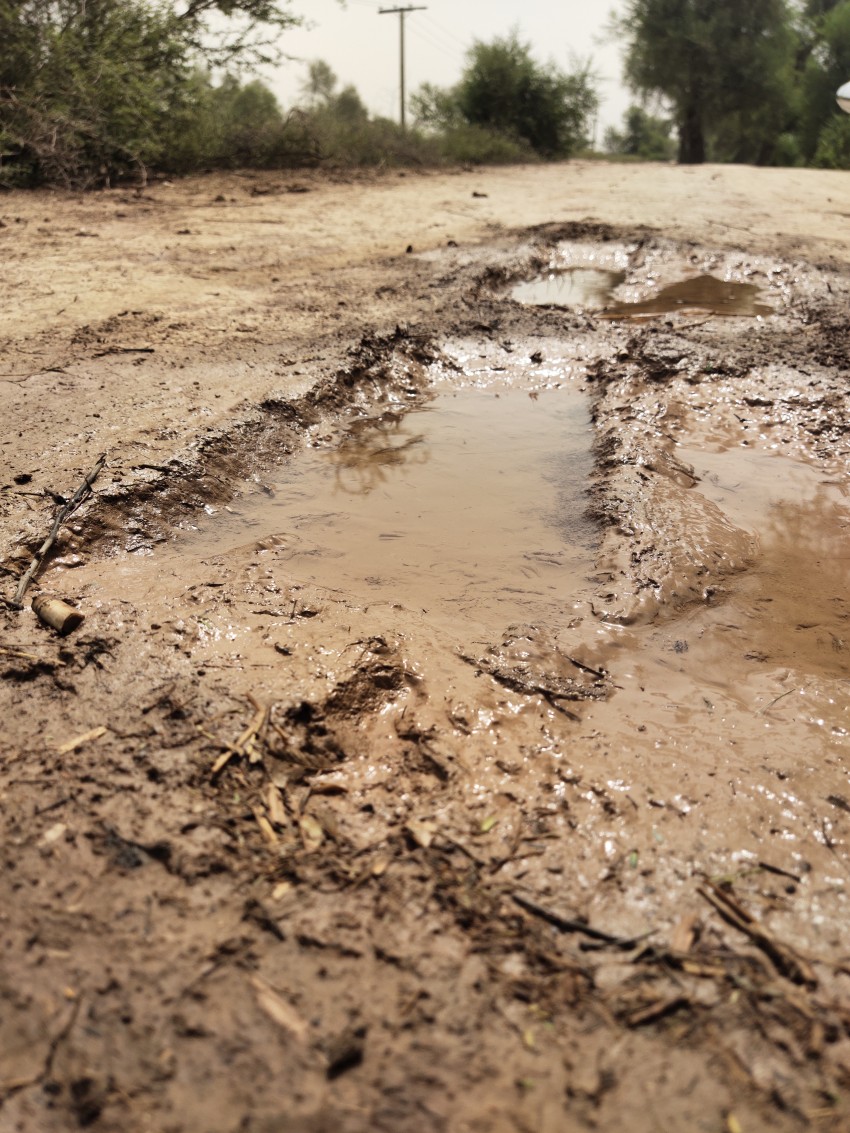 Rainwater that has accumulated on the dirt road and turned into mud